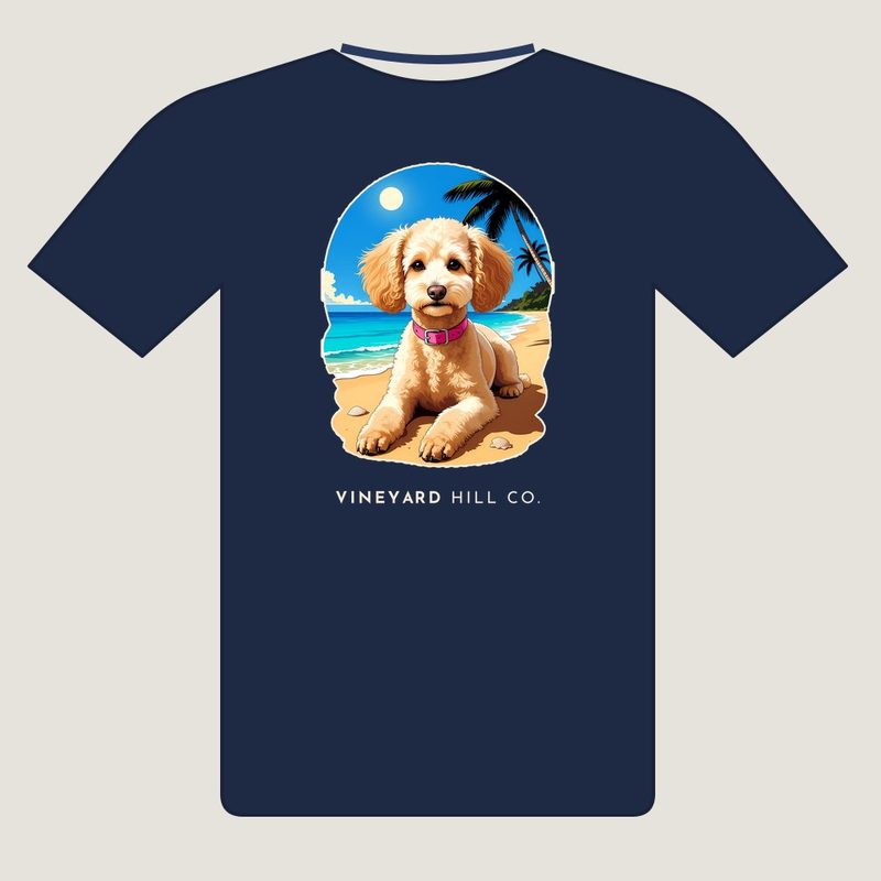 Beach Day t-shirt, back view: painted apricot poodle scene on a navy tee with VINEYARD HILL CO. underneath