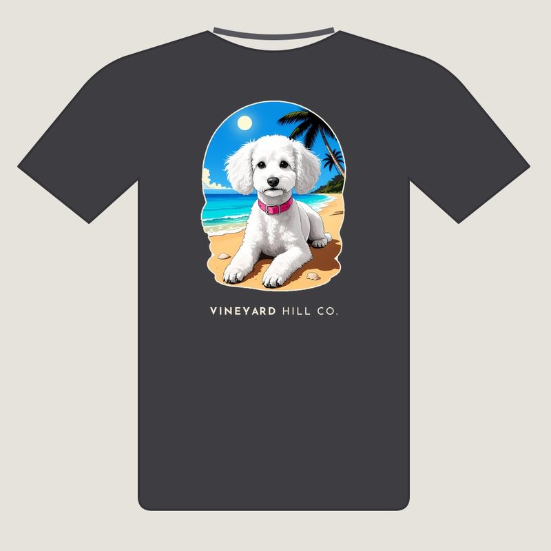 Beach Day t-shirt, back view: painted white poodle scene on a asphalt tee with VINEYARD HILL CO. underneath