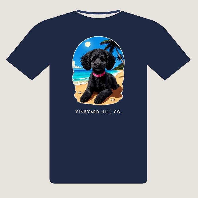 Beach Day t-shirt, back view: painted black poodle scene on a navy tee with VINEYARD HILL CO. underneath