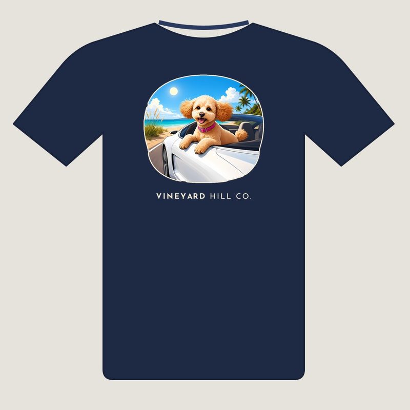 Convertible Ride t-shirt, back view: painted apricot poodle scene on a navy tee with VINEYARD HILL CO. underneath