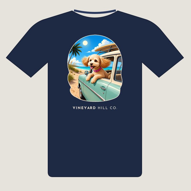 Beach Wagon Road Trip t-shirt, back view: painted apricot poodle scene on a navy tee with VINEYARD HILL CO. underneath