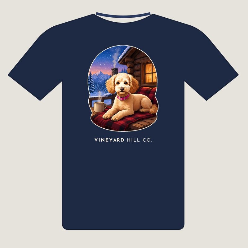 Mountain Cabin t-shirt, back view: painted apricot poodle scene on a navy tee with VINEYARD HILL CO. underneath