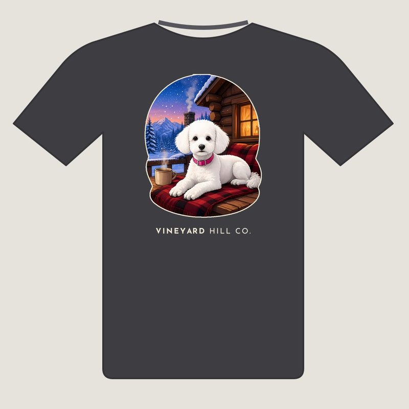 Mountain Cabin t-shirt, back view: painted white poodle scene on a asphalt tee with VINEYARD HILL CO. underneath