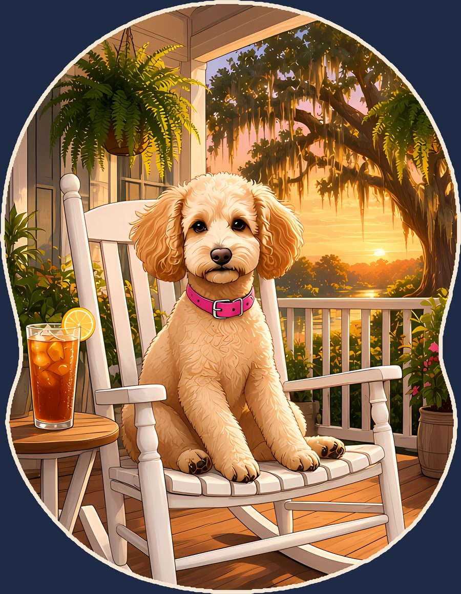 Painted art of an apricot standard poodle in a white rocking chair on a Southern porch at sunset, with sweet tea