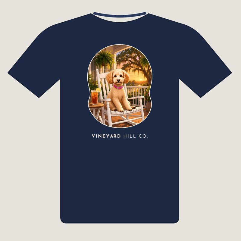 Southern Porch t-shirt, back view: painted apricot poodle scene on a navy tee with VINEYARD HILL CO. underneath