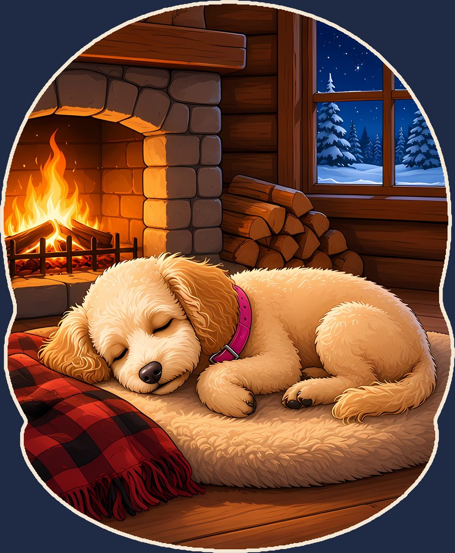 Painted art of an apricot standard poodle asleep on a fluffy bed by a fireplace