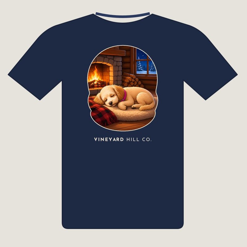 Fireplace Nap t-shirt, back view: painted apricot poodle scene on a navy tee with VINEYARD HILL CO. underneath