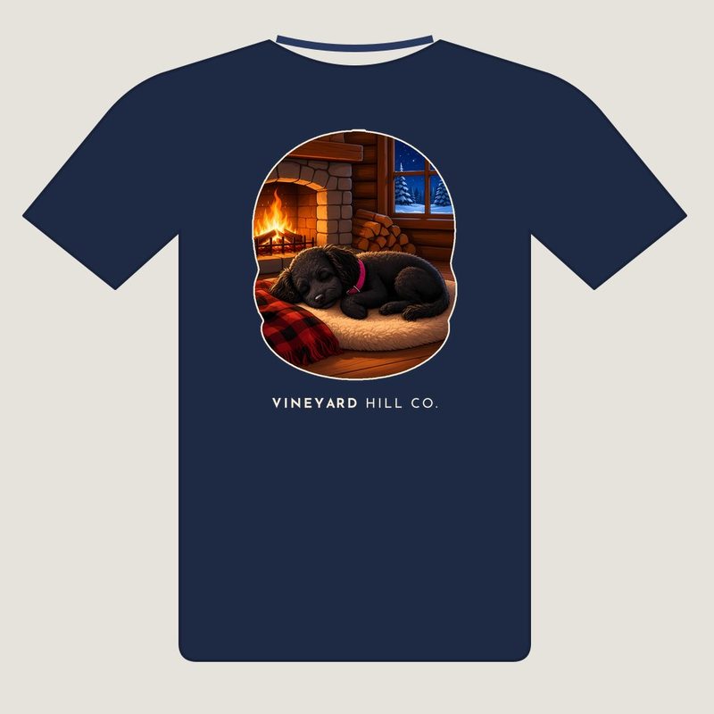 Fireplace Nap t-shirt, back view: painted black poodle scene on a navy tee with VINEYARD HILL CO. underneath